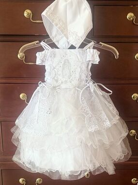 NEW Baby Made In USA White Embellished Virgin Mary Baptism Gown & Cap Sz 0-3M